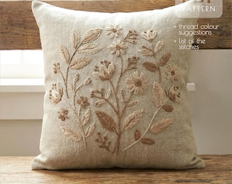 枕カバー用の花柄刺繍パターン、リネンクッションカバー植物デザイン