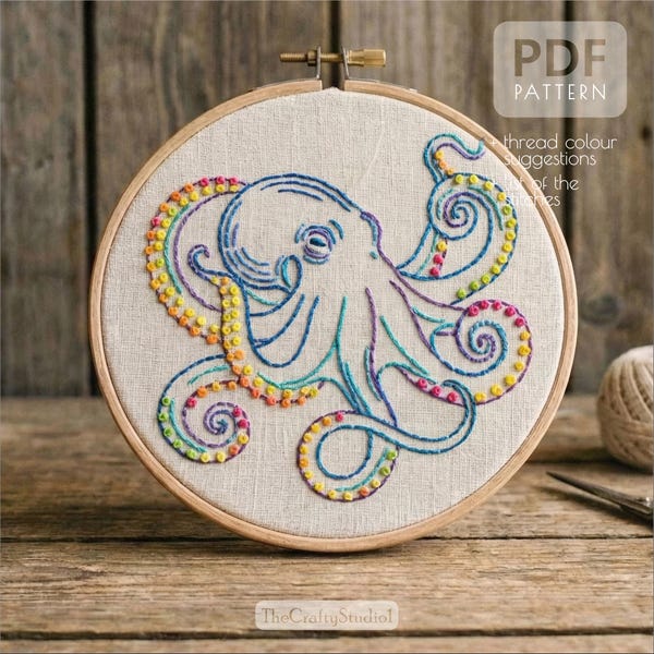 Handborduurwerk octopuspatroon PDF | Octopus-borduurontwerp | Direct downloaden | Borduurpatroon voor beginners