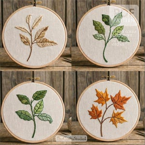 May include: Four embroidery hoops with botanical designs. Each hoop features a different leaf pattern in shades of brown, green, and orange. The text "PATTERN" and "TheCraftyStudio1" are visible.