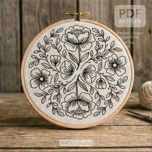 Hand Embroidery Floral Pattern PDF | Monochrome Embroidery Design | Instant Download | Beginner Embroidery Pattern