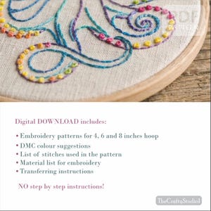 May include: Close-up of an embroidery hoop with a colorful, abstract design. The design features swirls and lines in shades of blue, teal, purple, and green, accented with rainbow-colored beads. The text on the image says "Digital DOWNLOAD includes: Embroidery patterns for 4, 6 and 8 inches hoop."