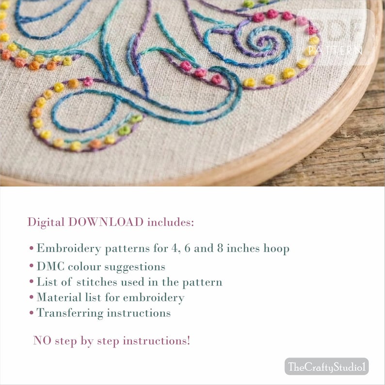 May include: Close-up of an embroidery hoop with a colorful, abstract design. The design features swirls and lines in shades of blue, teal, purple, and green, accented with rainbow-colored beads. The text on the image says "Digital DOWNLOAD includes: Embroidery patterns for 4, 6 and 8 inches hoop."
