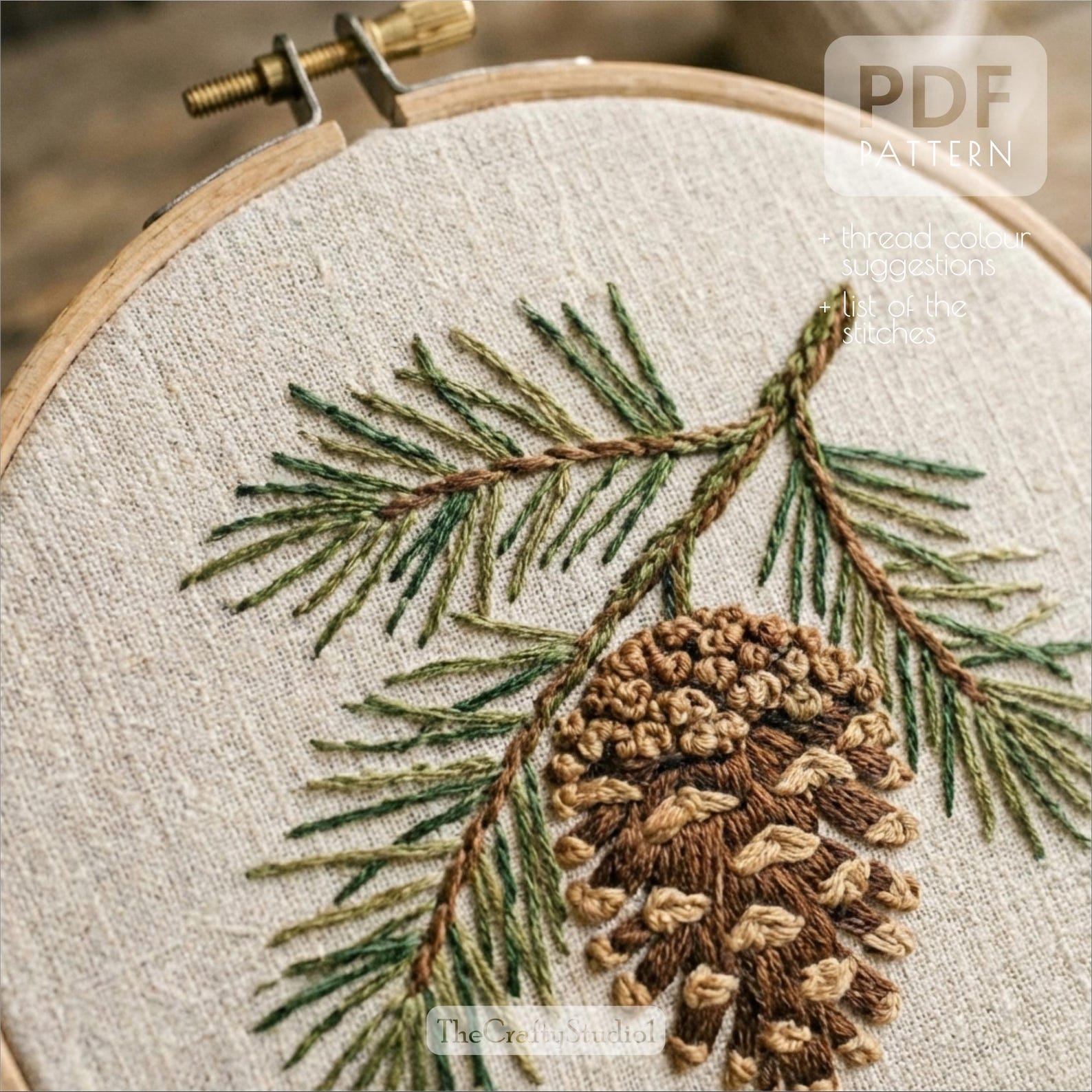 Hand Embroidery Pine Cone Pattern PDF | Pine Embroidery Design ...
