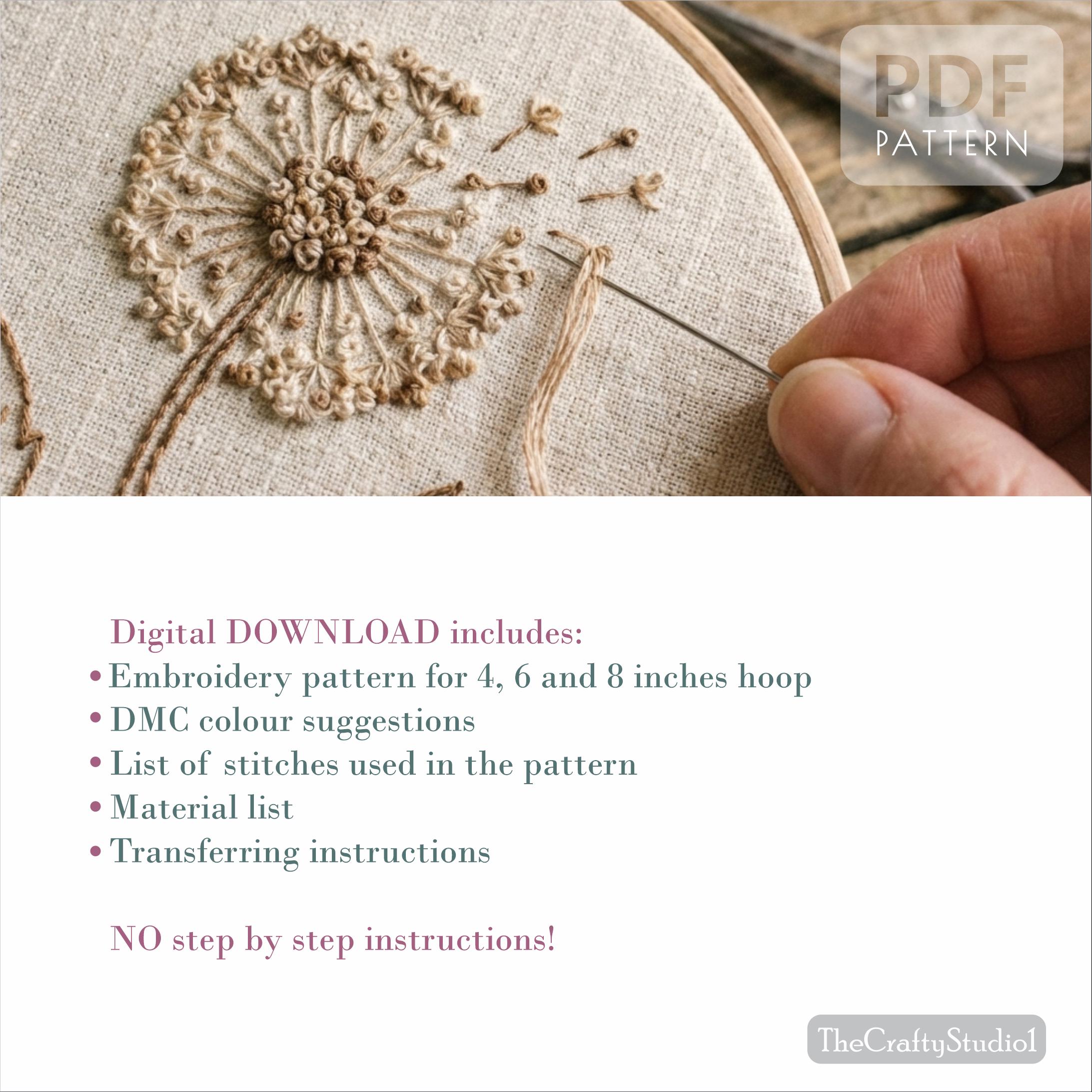 Hand Embroidery Dandelion Pattern PDF | Summer Embroidery Design ...