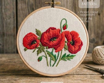 Hand Embroidery Poppy Field Pattern PDF | Red Poppy Embroidery Design | Instant Download | Beginner Embroidery Pattern