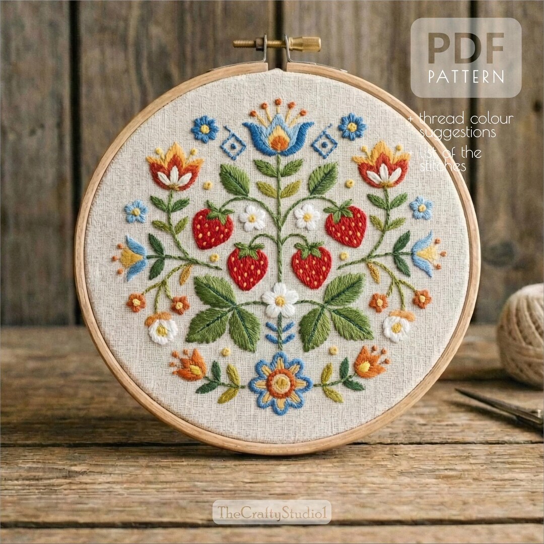 Hand Embroidery Strawberry Folk Pattern PDF | Folk Embroidery Design ...