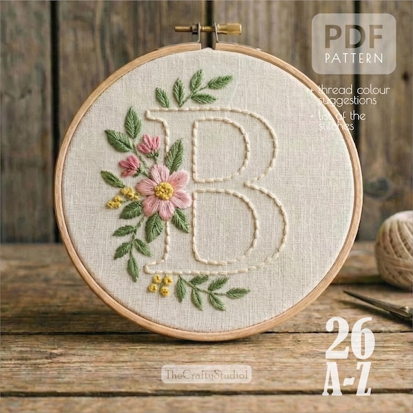 Patrón de alfabeto floral para bordado a mano en PDF / Diseño de bordado de alfabeto completo con flores / Descarga instantánea / Patrón de bordado para principiantes