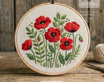 Hand Embroidery Poppy Field Pattern PDF | Red Poppy Embroidery Design | Instant Download | Beginner Embroidery Pattern