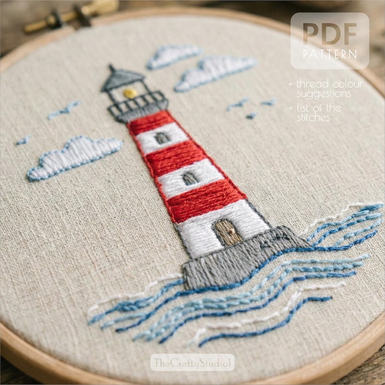 Hand Embroidery Simple Lighthouse Pattern PDF | Lighthouse Embroidery ...