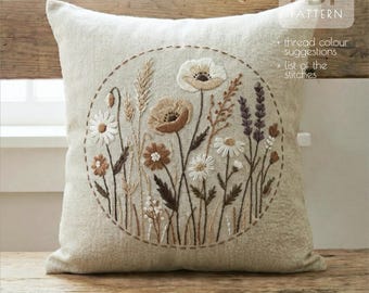 クッションカバーのPDF刺繍パターン、リネン枕カバーの植物柄デザイン