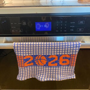 2026 NY Basketball Fan Gift, Handknit Cotton Kitchen Towel, Blue and Orange Dish Cloth, Housewarming Gift for Sports Fan, Game Day Decor
