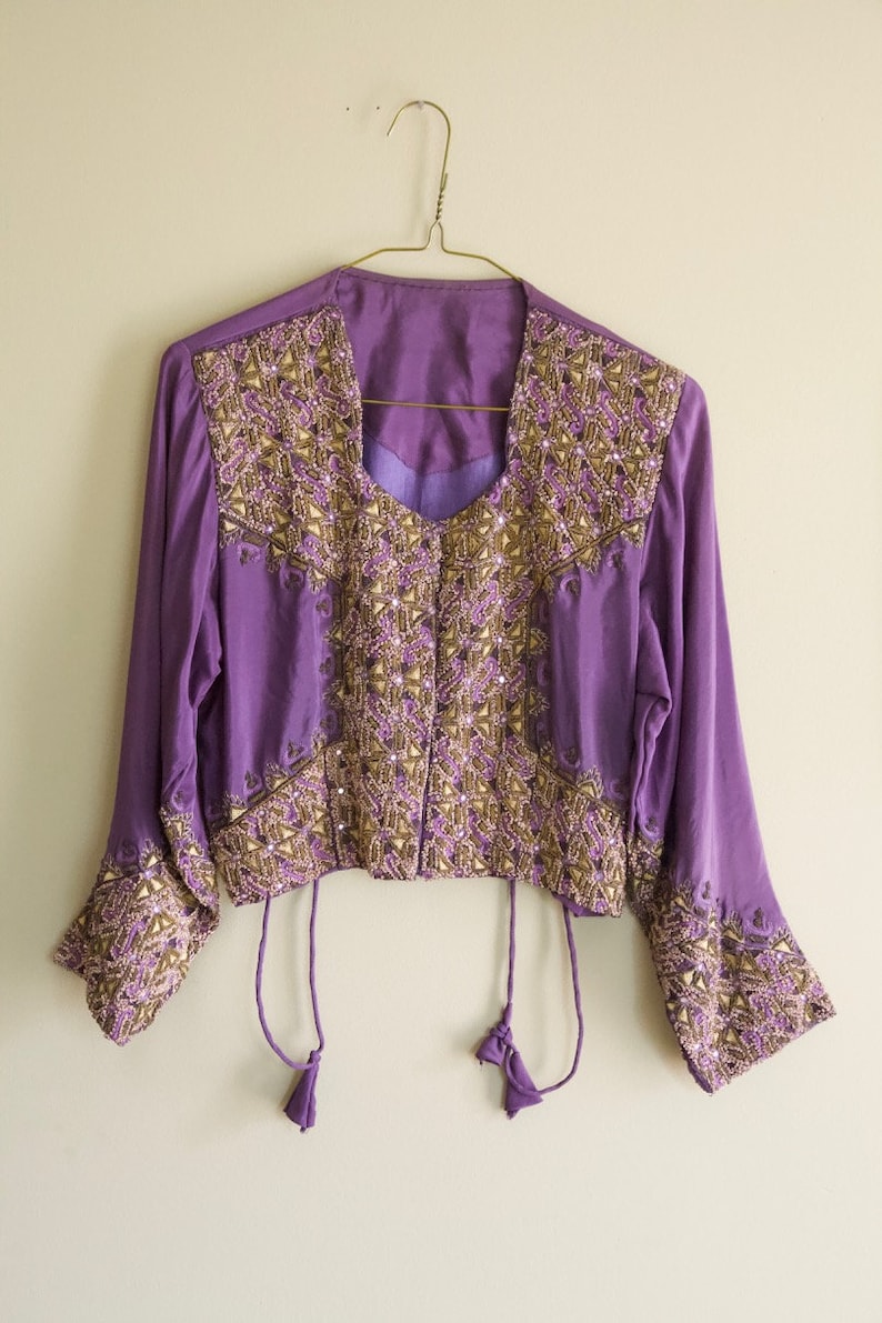Vintage Purple Silk Middle Eastern Bohemian Jacket with Glass and Metal Threading