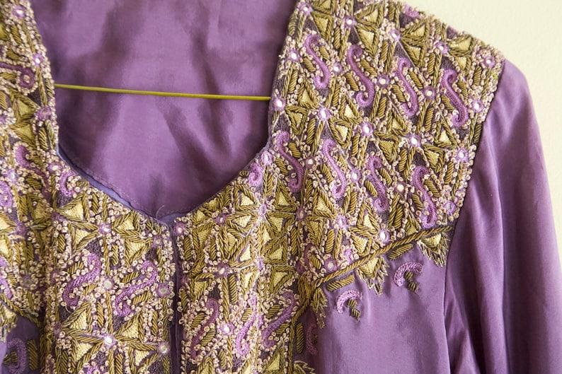 Vintage Purple Silk Middle Eastern Bohemian Jacket with Glass and Metal Threading