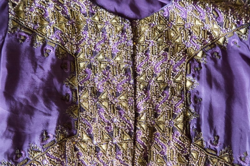 Vintage Purple Silk Middle Eastern Bohemian Jacket with Glass and Metal Threading
