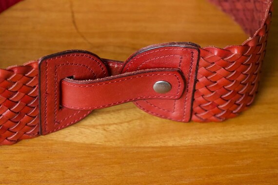 Wide Red Leather Woven Belt
