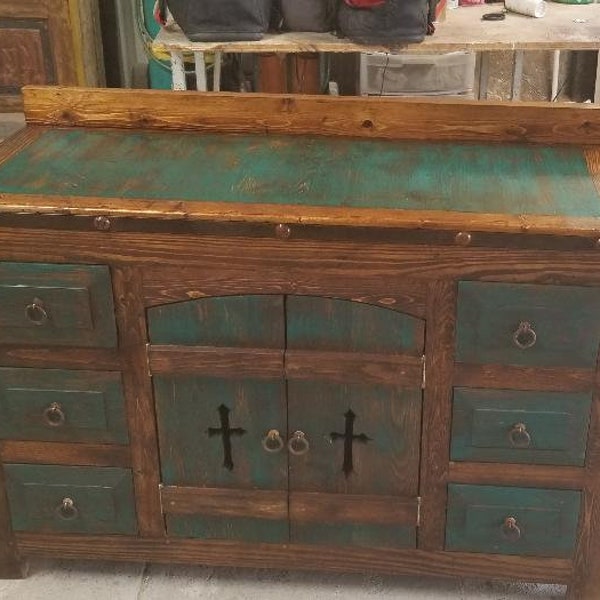 Rustic Turquoise Arched Doors Bathroom Vanity/Buffet Cabinet