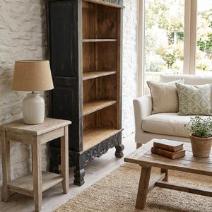 May include: A black and natural wood bookcase with four shelves stands next to a small wooden side table with a lamp. A jute rug and a wooden coffee table with books and a plant complete the living room setting.