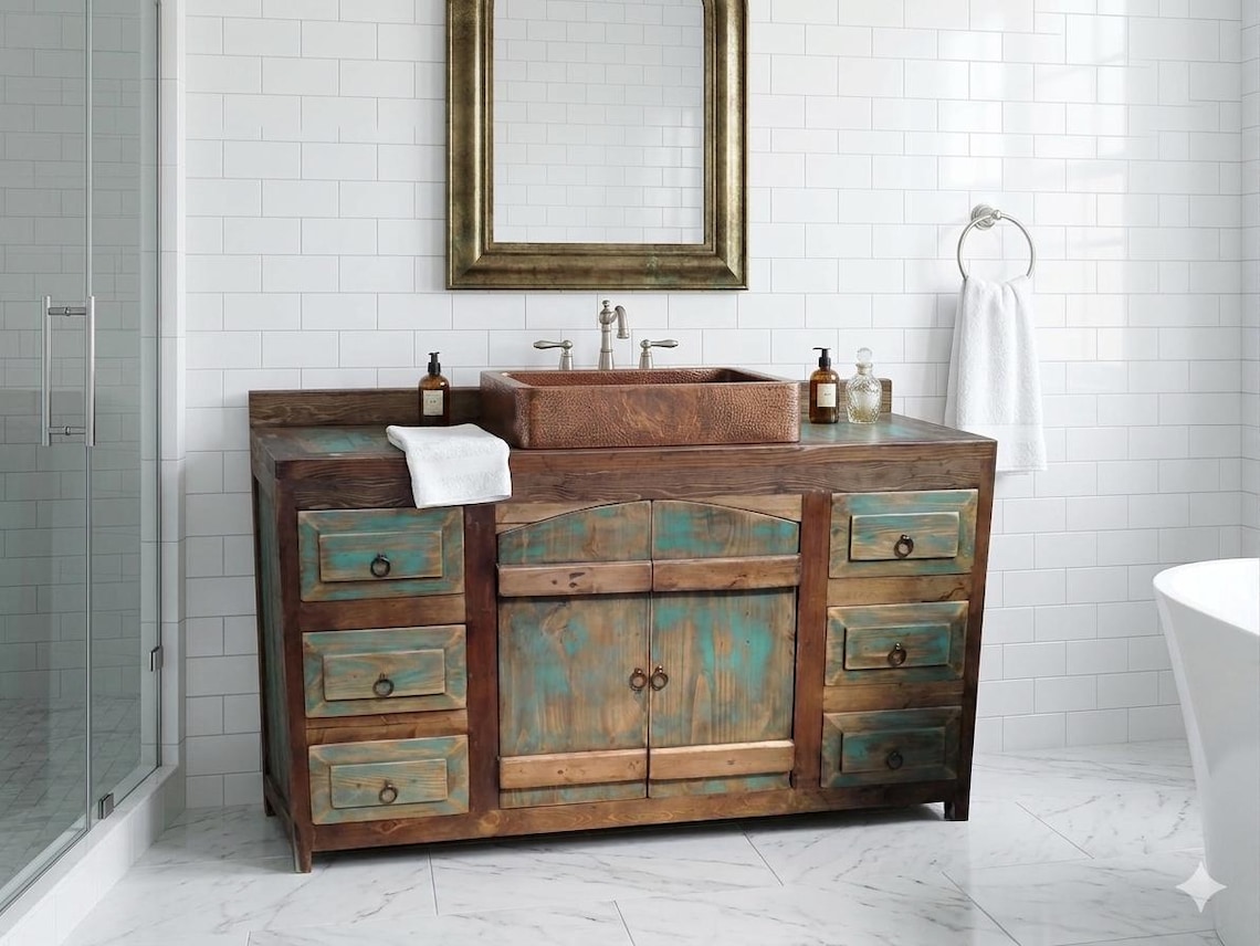 Rustic Turquoise Washed Curved Doors Bathroom Vanity - Etsy