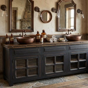 Burke Rustic Bathroom Vanity Copper Sink, 60"x22"x36"