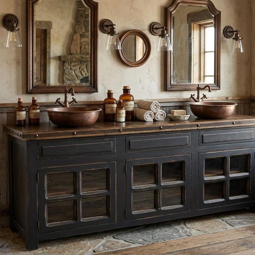 Burke Rustic Bathroom Vanity Copper Sink, 60"x22"x36"