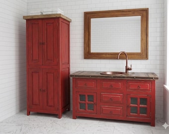 Rustic Vanity With Linen Cabinet Red Wash