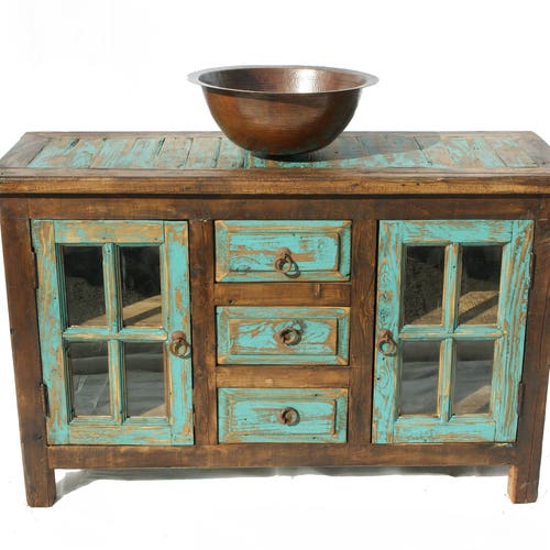 Rustic Glass Door Bathroom Vanity Turquoise False Top Drawer Etsy