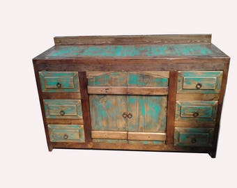 Rustic Turquoise Washed Curved Doors Bathroom Vanity