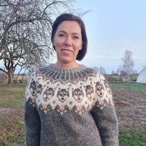 May include: A woman wearing a gray knitted sweater with a brown and white wolf pattern. The sweater has a high neckline and long sleeves.