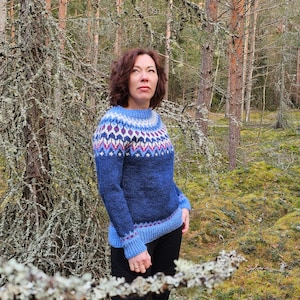 May include: A blue knit sweater with a patterned yoke in white, pink, and purple. The sweater has long sleeves and a ribbed hem and cuffs. The person is standing in a forest setting with trees and green foliage.