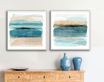 Blue coastal wall art set of 2 / Modern beach house decor / Serene ocean art prints / turquoise large canvas art