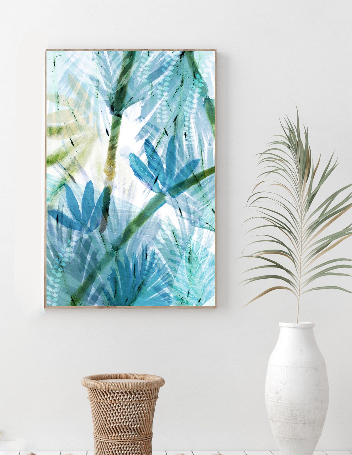 Blue palm leaf wall art / blue abstract floral painting / blue | Etsy