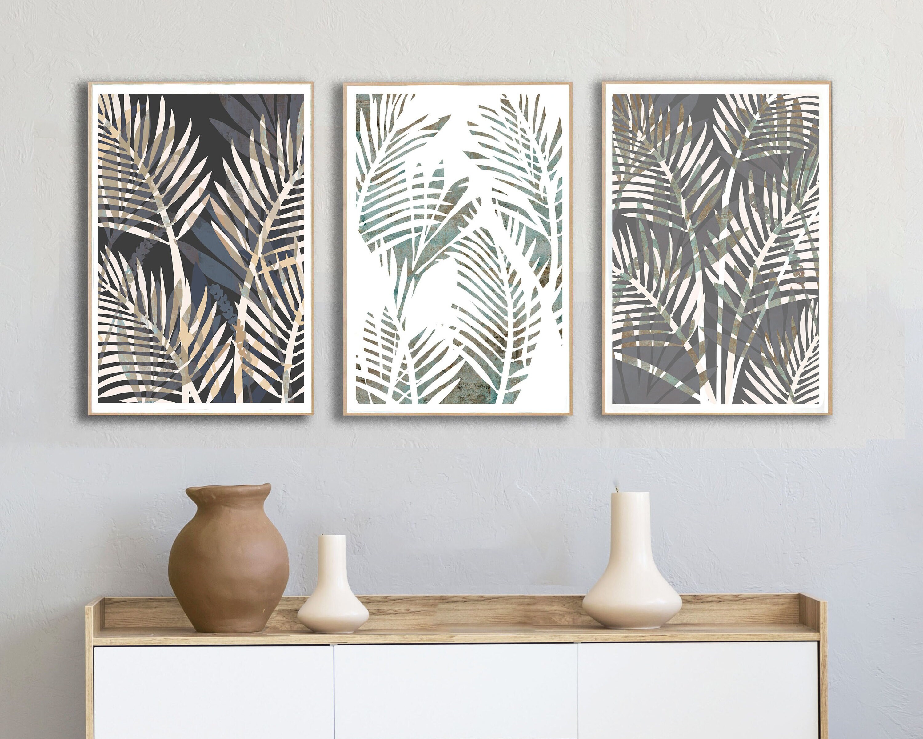 Palm Leaf Wall Art Set of 3 Neutral Botanical Art Prints