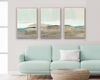 Large beige & grey abstract landscape set of 3 / duck egg abstract triptych / relaxing living room art / coastal wall art