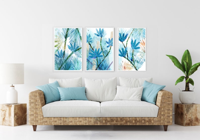 Blue Palm Leaf Wall Art / Tropical Wall Art / Blue Abstract Etsy UK