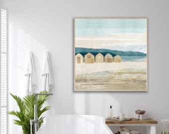 Blue coastal wall art / beach huts painting / beach house decor / rustic coastal art print