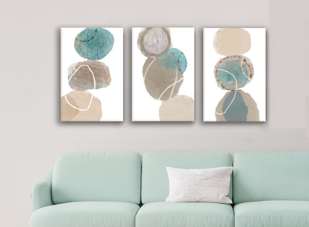 Duck Egg Blue & Beige Wall Art Set of 3 / Minimalist Living Room Art