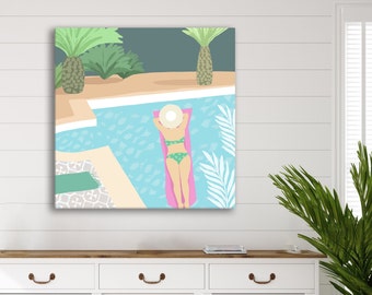 Swimming pool painting / blue contemporary beach house decor / David Hockney style painting / Woman in pool