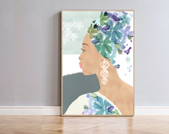 Femme avec un foulard à fleurs / portrait féminin contemporain / oeuvre d'art de femme noire / oeuvre d'art murale florale / oeuvre d'art de femme africaine