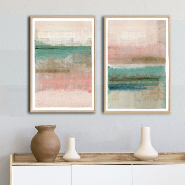 Pink & green abstract wall art set of 2 /pastel living room art /modern art prints /abstract seascape paintings / large canvas art