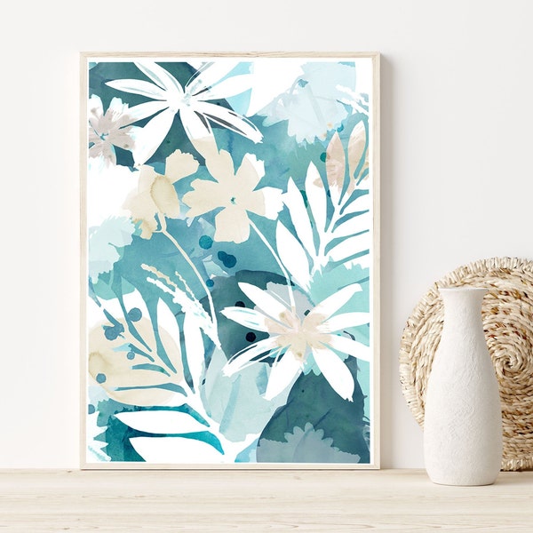 Blue floral art print / blue and white flowers wall art / abstract botanical painting / large blue canvas living room art