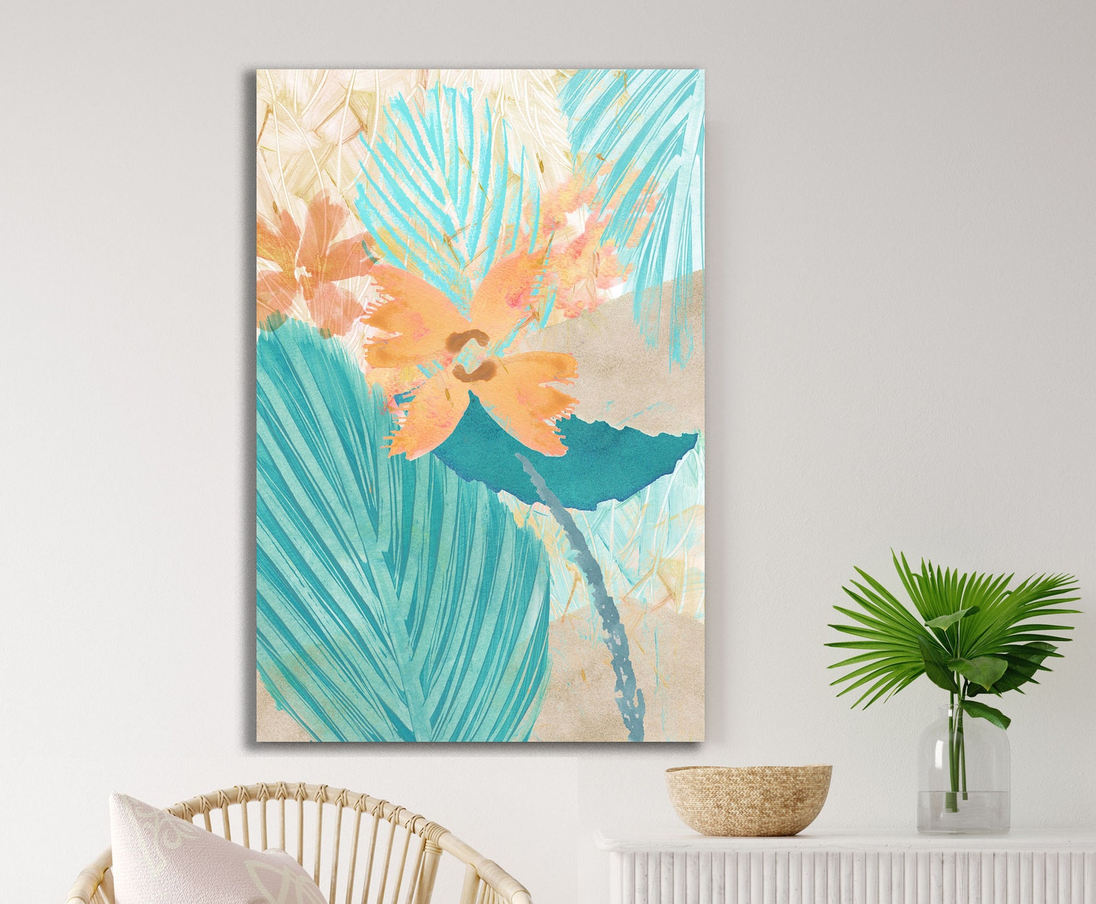Turquoise Floral Wall Art / Orange & Blue Tropical Flower Etsy