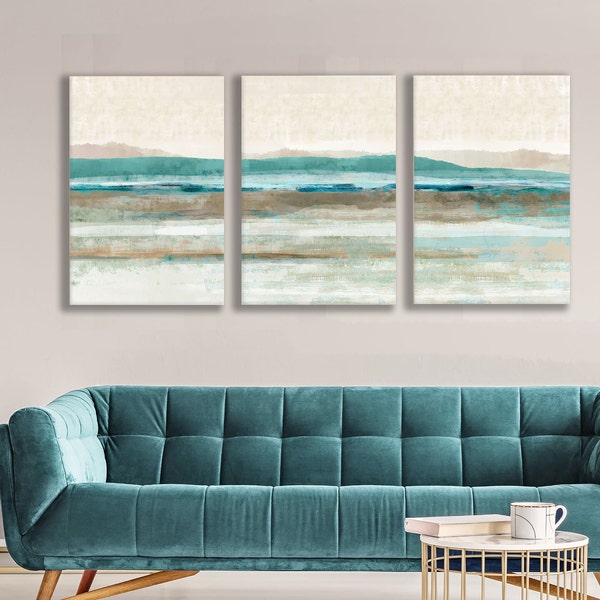 Large aqua abstract seascape set of 3 / coastal landscape triptych / large ocean wall art trio / mint & cream modern beach house decor