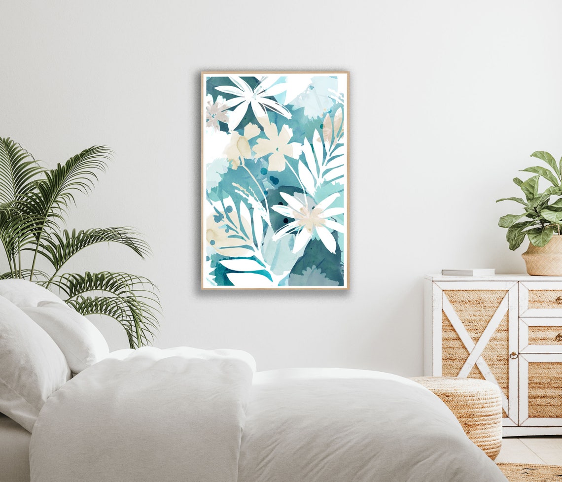 Blue Floral Art Print / Blue and White Flowers Wall Art / - Etsy