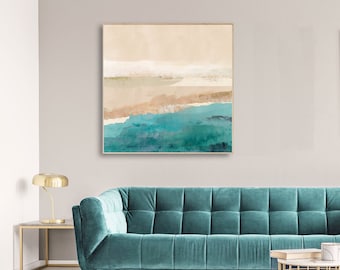 Aqua & sand seascape painting /large coastal art print / modern beach house decor/ sea wall art / relaxing ocean art