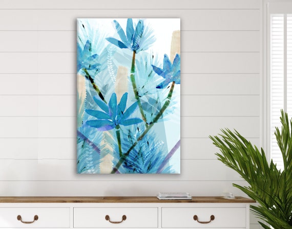 Blue palm leaf wall art / tropical wall art / blue abstract | Etsy