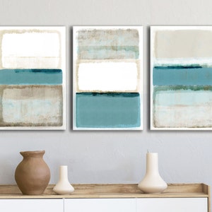 Blue green coastal wall art set of 3 / serene abstract triptych / beach house decor / / teal living room art / blue grey canvas art