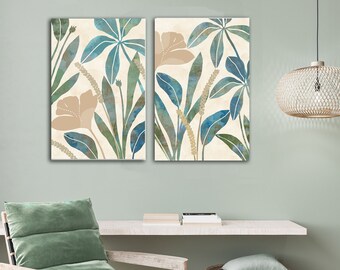 Blue & green botanical wall art set of two / tropical leaf art prints / decorative floral wall art / nature art prints / botanical set of 2