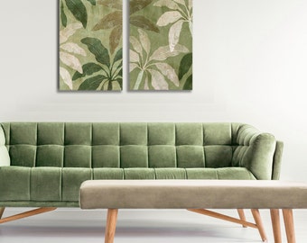Green botanical wall art set of 2 / palm leaf art prints / tropical wall art / green living room wall art / green canvas art