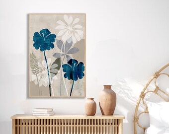 Blue abstract floral art print / Indigo & beige flower painting / botanical wall art / blue contemporary floral canvas art