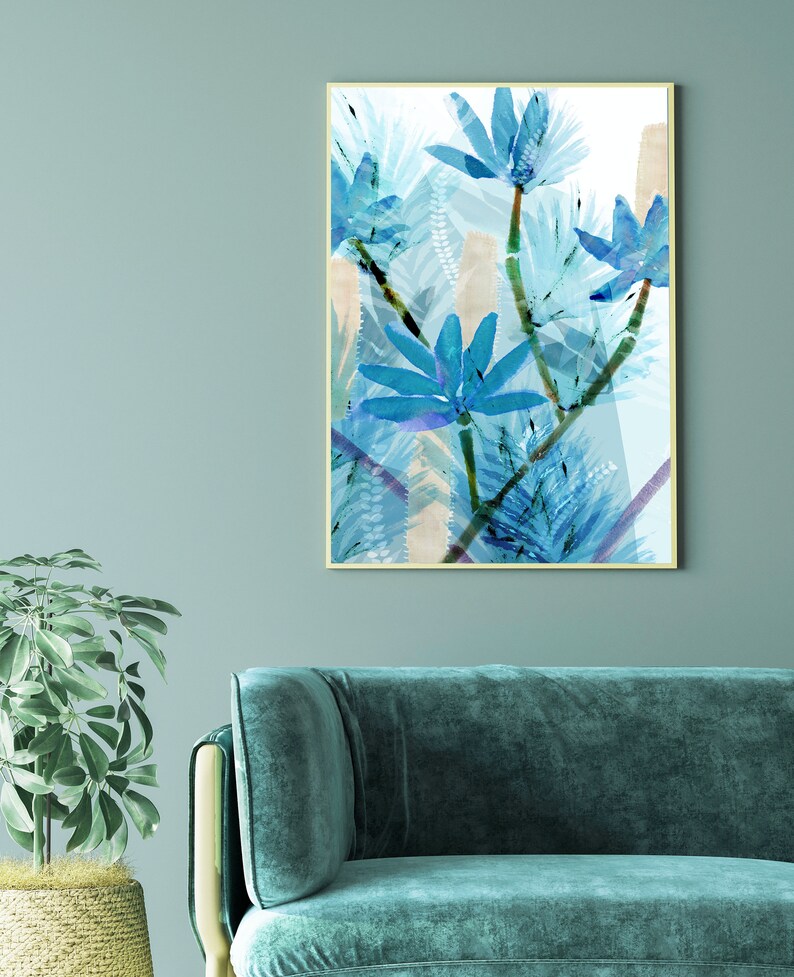 Blue Palm Leaf Wall Art / Tropical Wall Art / Blue Abstract Etsy UK
